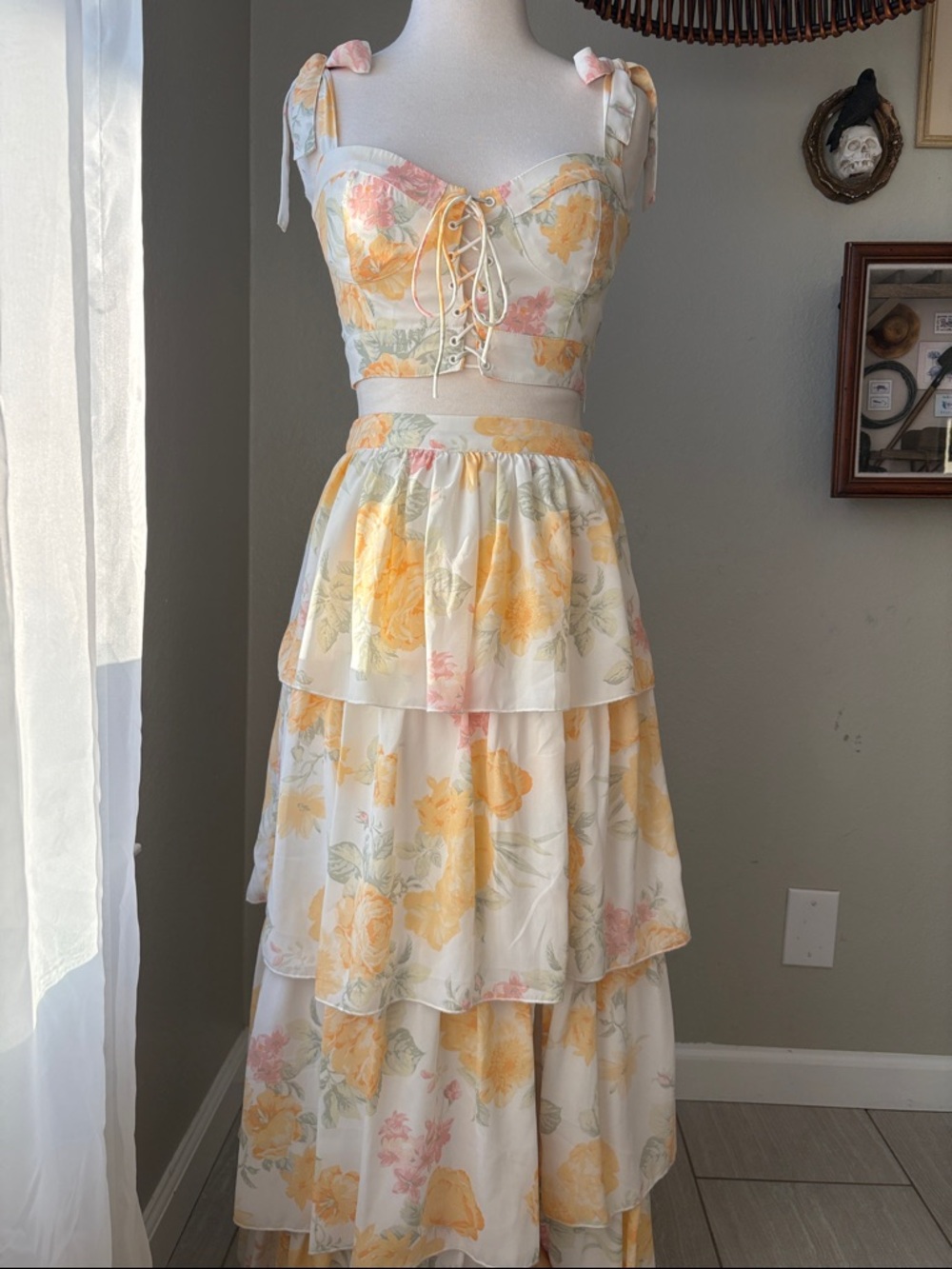 Wayf White and Yellow Floral Crop Top & Skirt Set